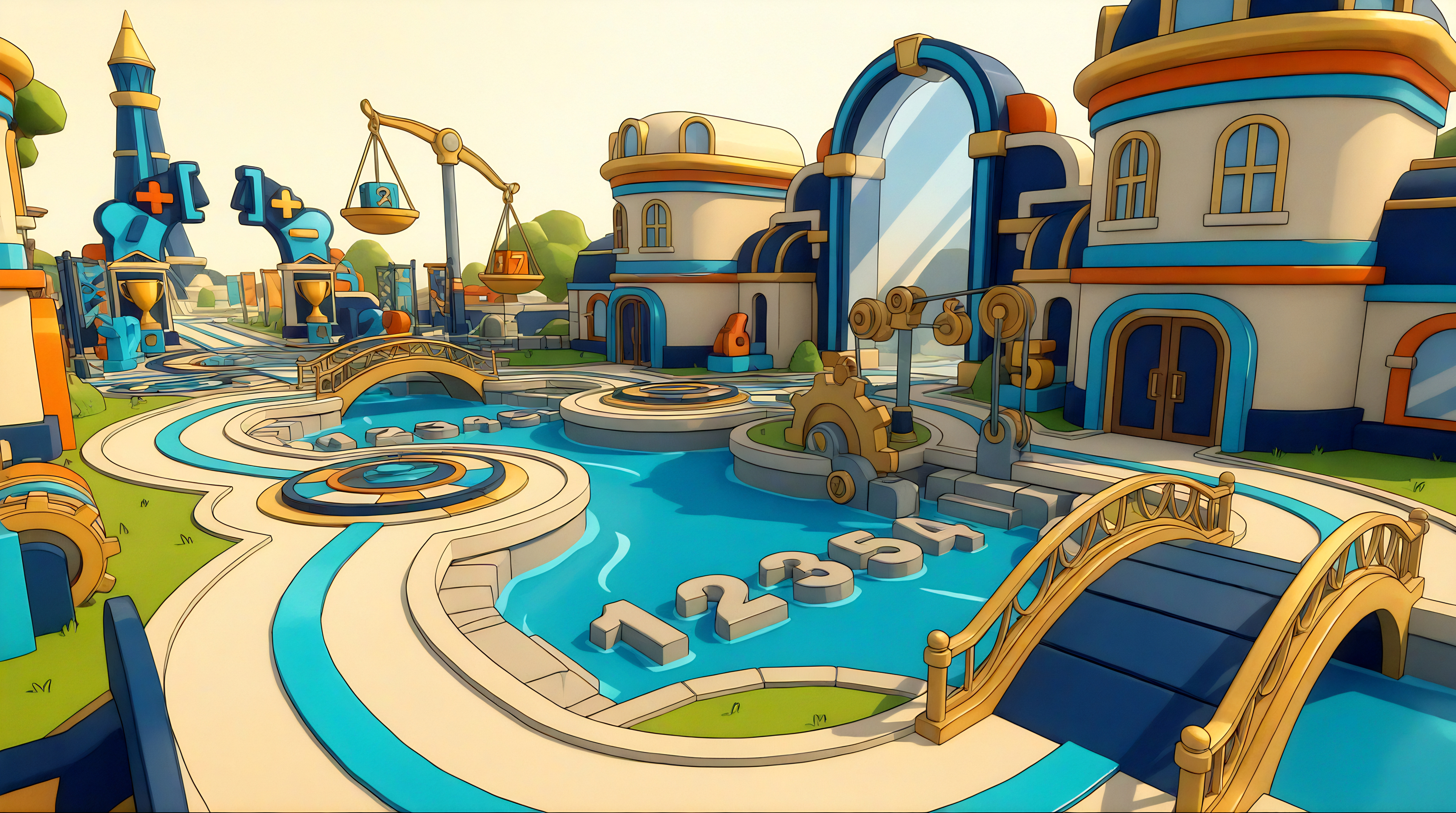 A bright Ready Steady Math world with number paths, bridges, and learning towers